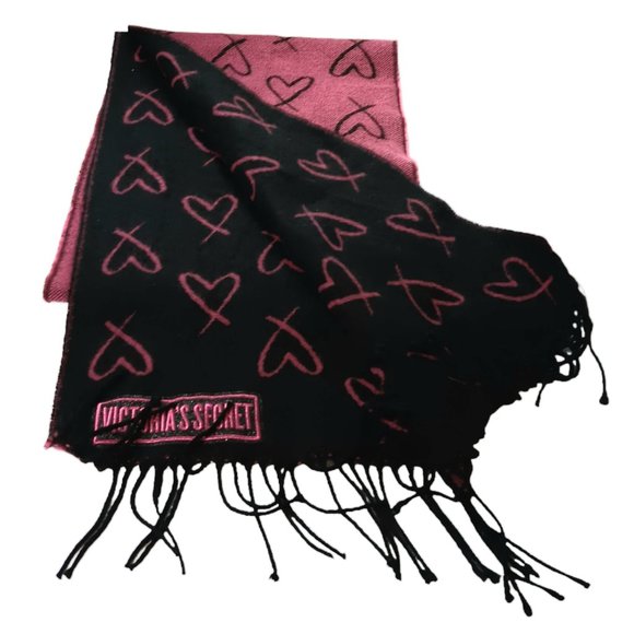Victoria's Secret Scarf Black Pink Hearts Fringe Reversible - Picture 7 of 8